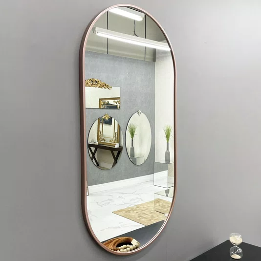 Espelho Decorativo Retangular Arredondado com Moldura Rosê Gold Laqueada