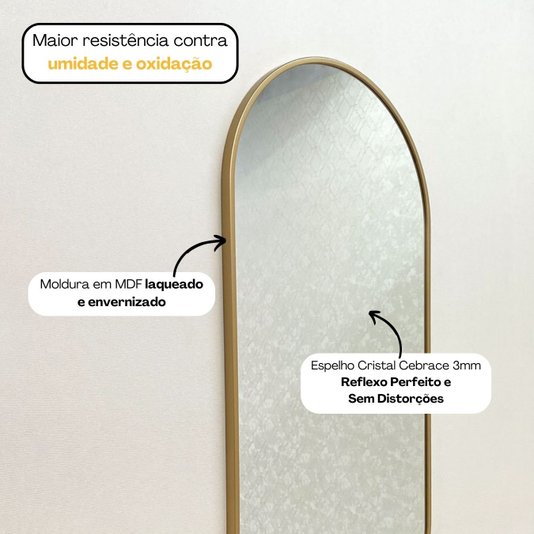 Espelho Decorativo Retangular Arredondado com Moldura Dourada Laqueada