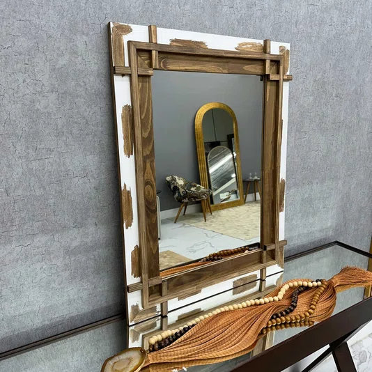 Espelho Decorativo Rústico com Moldura Marrom e Branca
