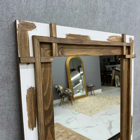 Espelho Decorativo Rústico com Moldura Marrom e Branca