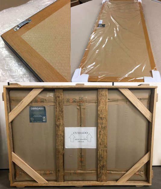 Papel Kraft, cantoneiras de papelão duplo ou polietileno, plástico termo encolhível, plástico bolha, caixa de papelão + armação de madeira e avisos de mercadoria frágil, para um transporte ainda mais seguro contra avarias.