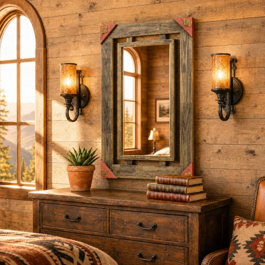 Espelho Decorativo Rústico com Moldura Marrom Vazada e Acabamento Vermelho com Apliques Dourados