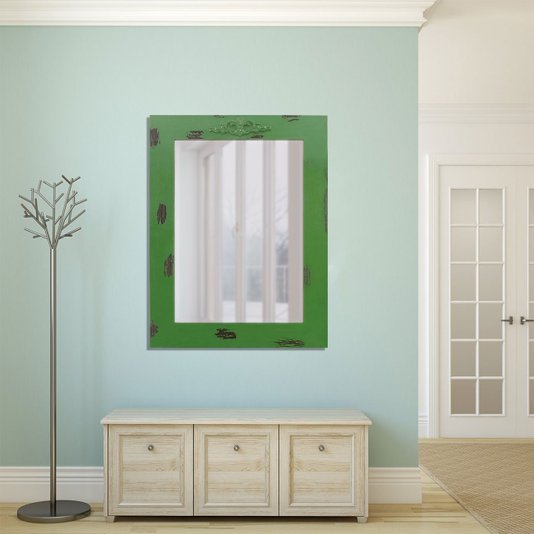 Espelho Decorativo Rústico com Moldura Verde Lixada e Aplique na Parte Superior