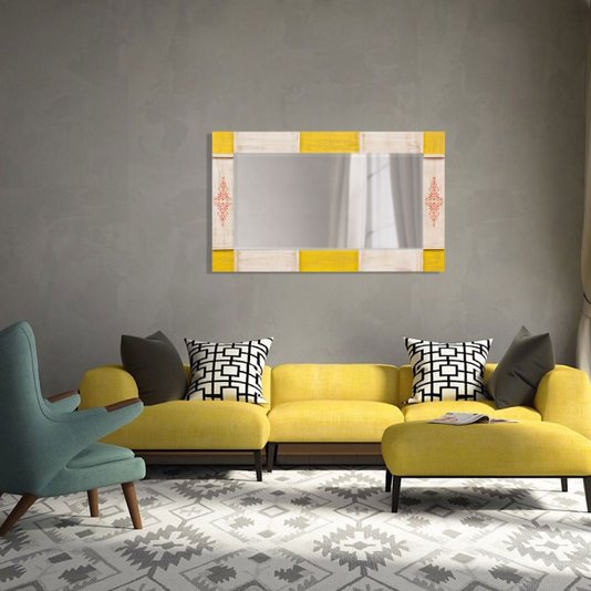 Espelho Decorativo Rústico Moldura Branca e Amarela Patinada