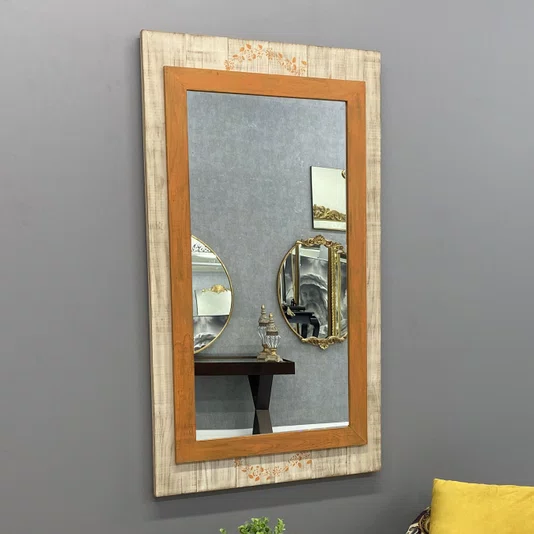 Espelho Decorativo Rústico Moldura Laranja e Branco Patinado