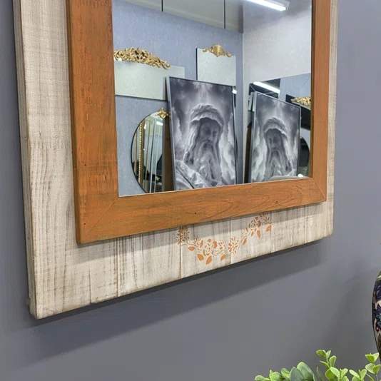Espelho Decorativo Rústico Moldura Laranja e Branco Patinado