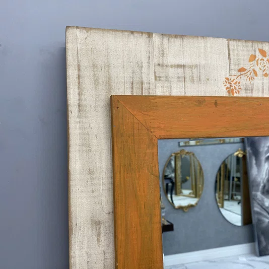 Espelho Decorativo Rústico Moldura Laranja e Branco Patinado