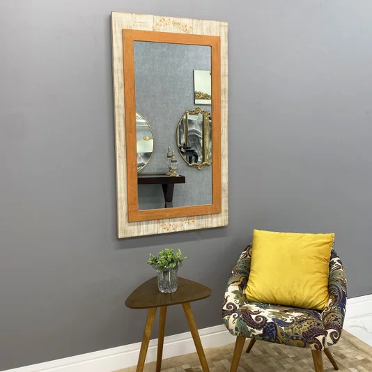 Espelho Decorativo Rústico Moldura Laranja e Branco Patinado
