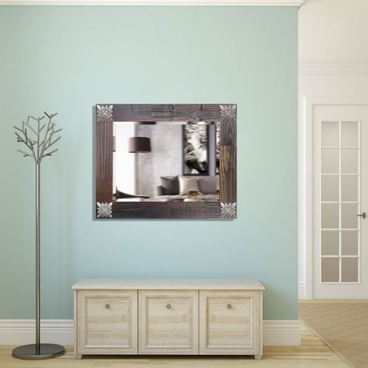 Espelho Decorativo Rústico Moldura Marrom com Apliques na Cor Prata Envelhecido