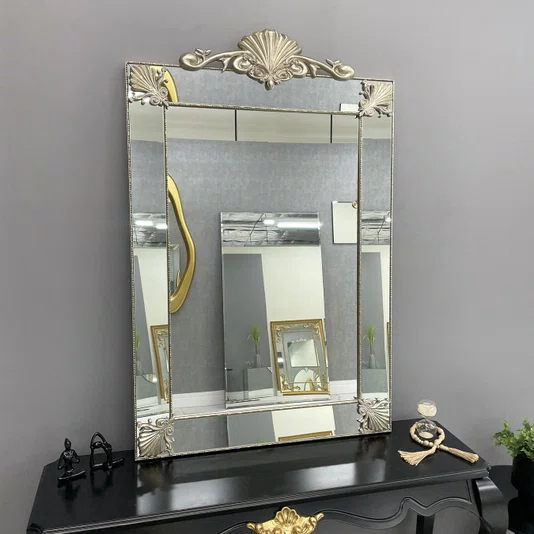 Espelho Decorativo Superiore com Moldura Prata Espelhada e Apliques Folheados 90x140CM