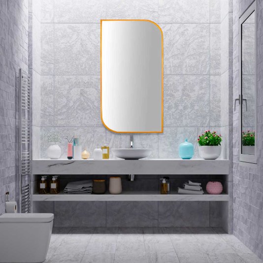 Espelho Design Decorativo Retangular Arredondado com Moldura Dourada