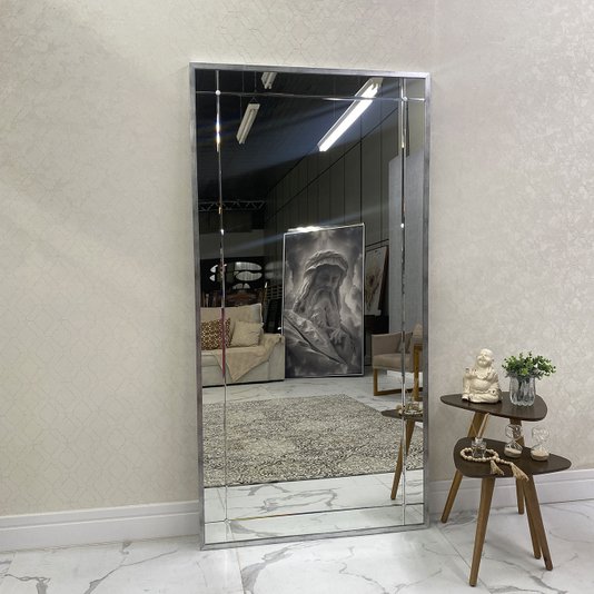 Espelho Estilo Mosaico Moderno com Bisotê e Moldura Prata 100x200 cm