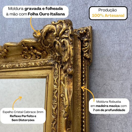 Espelho de Chão Grandezza Corpo Inteiro com Moldura Clássica Dourada Folheada à Mão