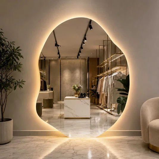 Espelho Infinity Orgânico de Chão Moderno com Borda Infinita e LED Embutido
