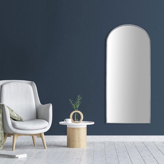 Espelho Semi Oval Decorativo com Moldura Prata Semibrilho