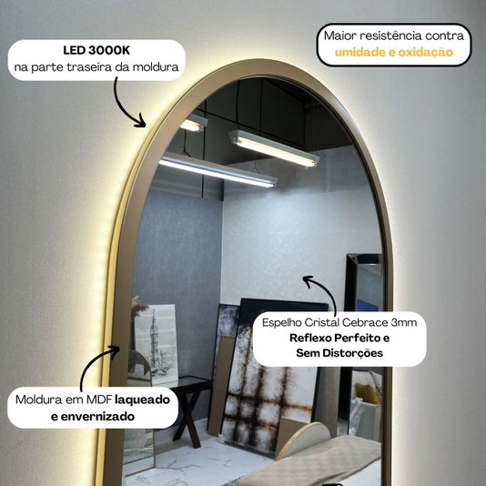 Espelho LED Retangular Arredondado com Moldura Dourada: Elegância e Estilo para o seu Ambiente
