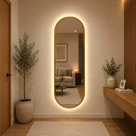 Espelho LED Retangular Arredondado com Moldura Dourada: Elegância e Estilo para o seu Ambiente