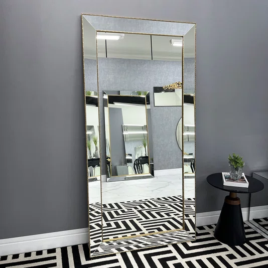 Espelho Moderno Clássico de Chão Dourado com Moldura de Espelho Chanfrado Bisotê Espelho Moderno Clássico de Chão Dourado com Moldura de Espelho Chanfrado Bisotê