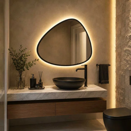 Espelho Orgânico Grande com LED e Moldura Preta Laqueada: Versátil para Qualquer Ambiente