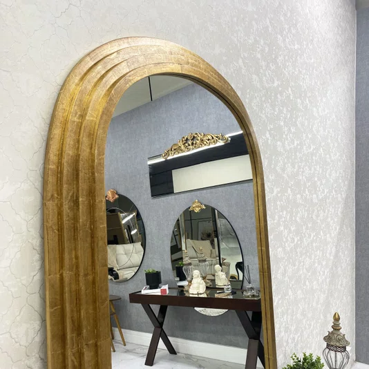 Espelho Oval Base Reta com Moldura Escalonada Folheada à Mão 100x200 cm