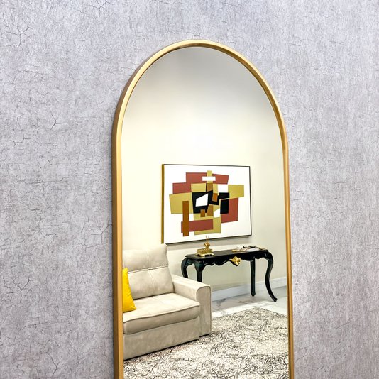 Espelho Oval Base Reta Decorativo com Moldura Dourada Semibrilho