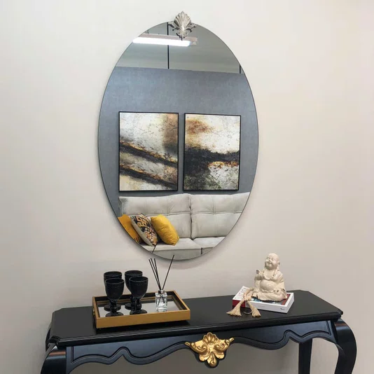 Espelho Oval com Borda Infinita e Frontão Folheado Prata: Decoração Exclusiva 90x130CM