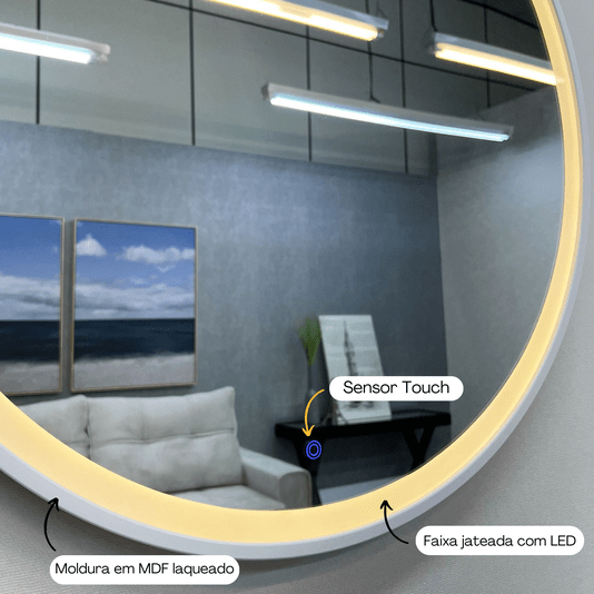 Espelho Redondo para Maquiagem LED Jateado e Touch: Iluminação Funcional e Toque Moderno