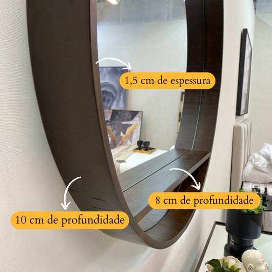 Espelho Redondo com Prateleira e Borda Amadeirada Cor Imbuia: Versatilidade e Sofisticação
