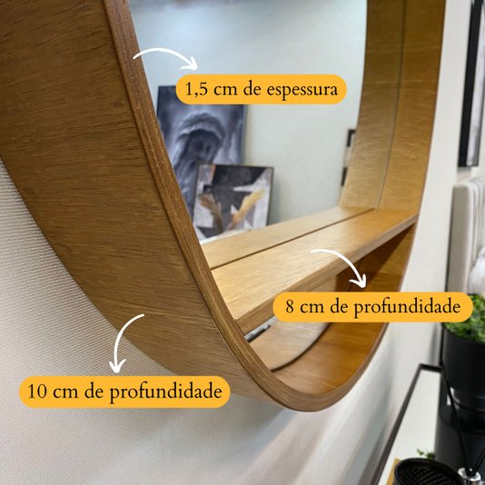 Espelho Redondo com Prateleira e Borda Amadeirada Cor Mel: Sofisticação para o seu Lar