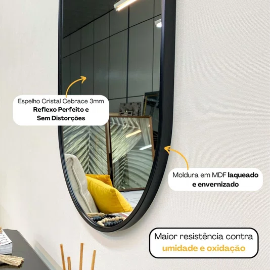 Espelho Retangular Arredondado com Moldura Preto: Design Moderno e Elegante 80x180CM