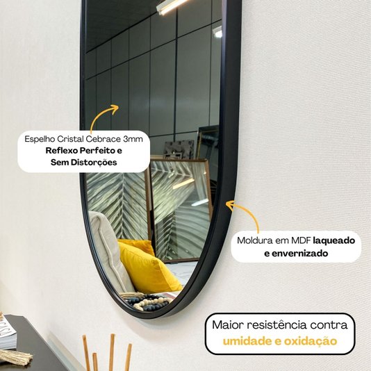 Espelho Retangular Arredondado com Moldura Preto: Design Moderno e Elegante 60x120 cm