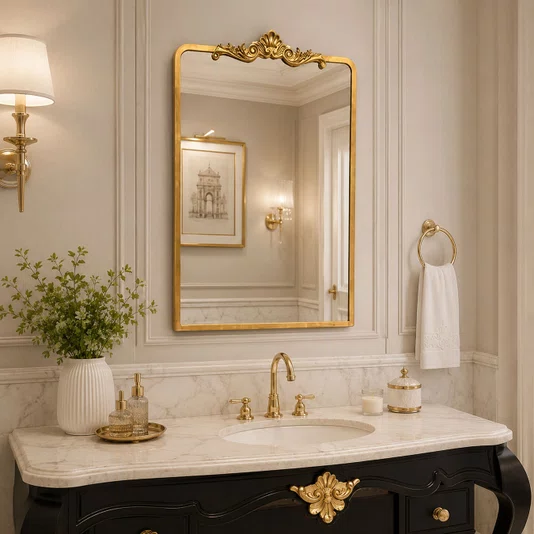 Espelho Retangular Estilo Clássico com Moldura Dourada: Elegância e Funcionalidade