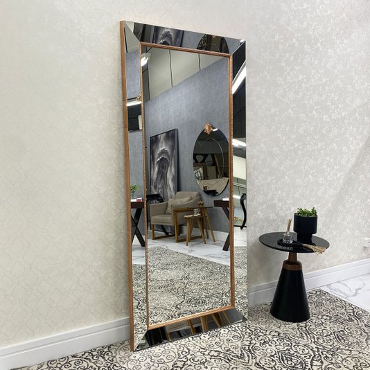 Espelho Retangular Moderno com Borda e Filetes Folheados à mão com Folha Cobre.