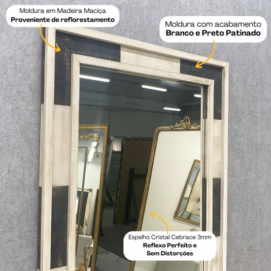 Espelho Rústico com Moldura Branco e Preto Produção Artesanal 70x170CM