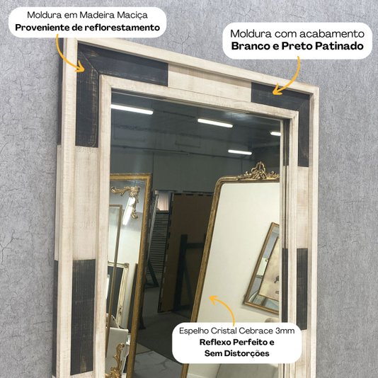 Espelho Rústico com Moldura Branco e Preto Vários Tamanhos Produção Artesanal