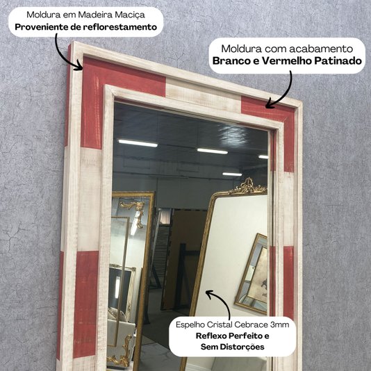 Espelho Rústico com Moldura Branco e Vermelho Vários Tamanhos Produção Artesanal