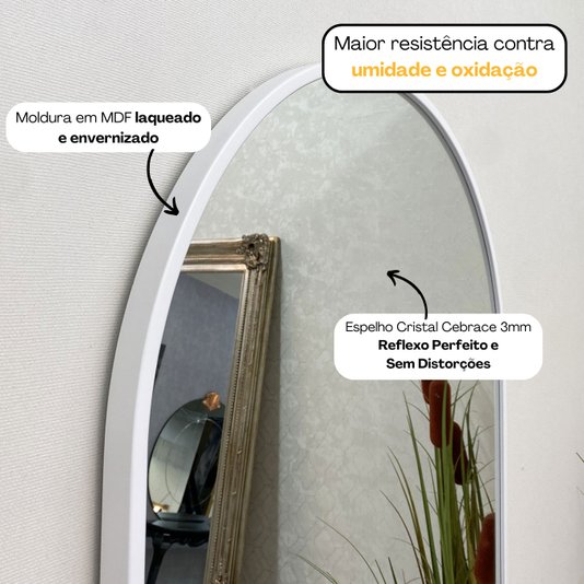 Espelho Semi Oval Decorativo com Moldura Branca Fosca