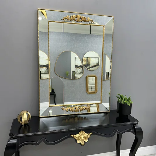 Espelho Venezia Neoclássico  Dourado com Moldura de Espelho Chanfrado Bisotê 90x120CM