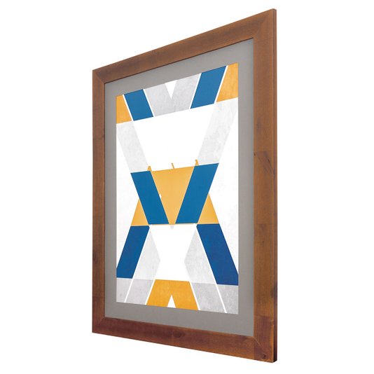 Quadro Abstrato Decor Amarelo, Azul e Cinza com Moldura Rústica 70x90cm