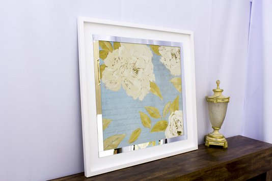 Quadro Decorativo com Espelho Floral Flores Brancas 80x80cm