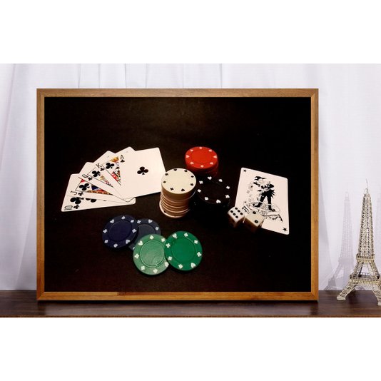 Quadro Decorativo com Moldura Rústica Baralho Jogo de Poker 90x60cm