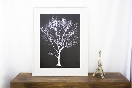 Quadro Decorativo com Moldura Branca Árvore Branca em Fundo Preto 80x100cm