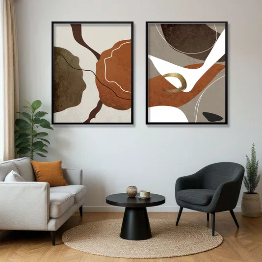 Kit 2 Quadros Abstratos Conexões Terrenas em Tons Terrosos com Moldura e Vidro Kit 2 Quadros Abstratos Conexões Terrenas em Tons Terrosos com Moldura e Vidro