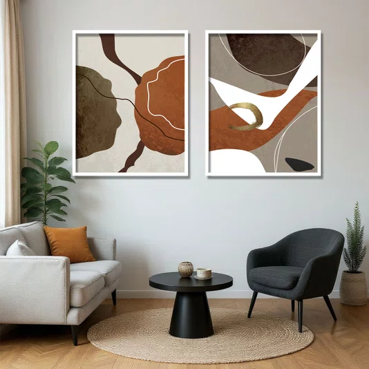 Kit 2 Quadros Abstratos Conexões Terrenas em Tons Terrosos com Moldura e Vidro