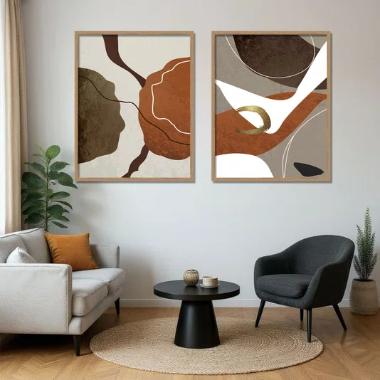 Kit 2 Quadros Abstratos Conexões Terrenas em Tons Terrosos com Moldura e Vidro