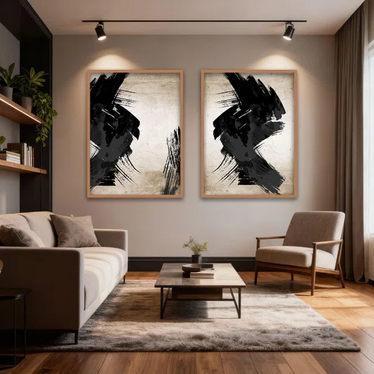 Kit 2 Quadros Abstratos Decorativos com Pinceladas Modernas e Moldura e Vidro