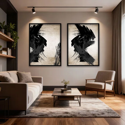 Kit 2 Quadros Abstratos Decorativos com Pinceladas Modernas e Moldura e Vidro Kit 2 Quadros Abstratos Decorativos com Pinceladas Modernas e Moldura e Vidro