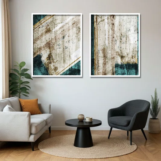 Kit 2 Quadros Abstratos Ecos da Superfície Turquesa e Dourado Moldura e Vidro