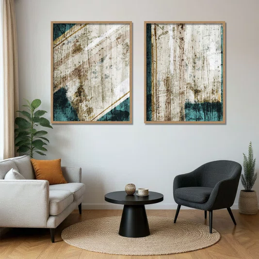 Kit 2 Quadros Abstratos Ecos da Superfície Turquesa e Dourado Moldura e Vidro