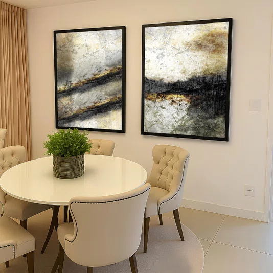 Kit 2 Quadros Abstratos em  Tons Neutros com Toque Dourado com Moldura e Vidro Kit 2 Quadros Abstratos em  Tons Neutros com Toque Dourado com Moldura e Vidro